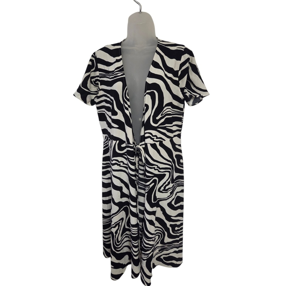 Vila Womens Zebra Print Tie Front Midi Dress Black White Short Sleeve EU 40
